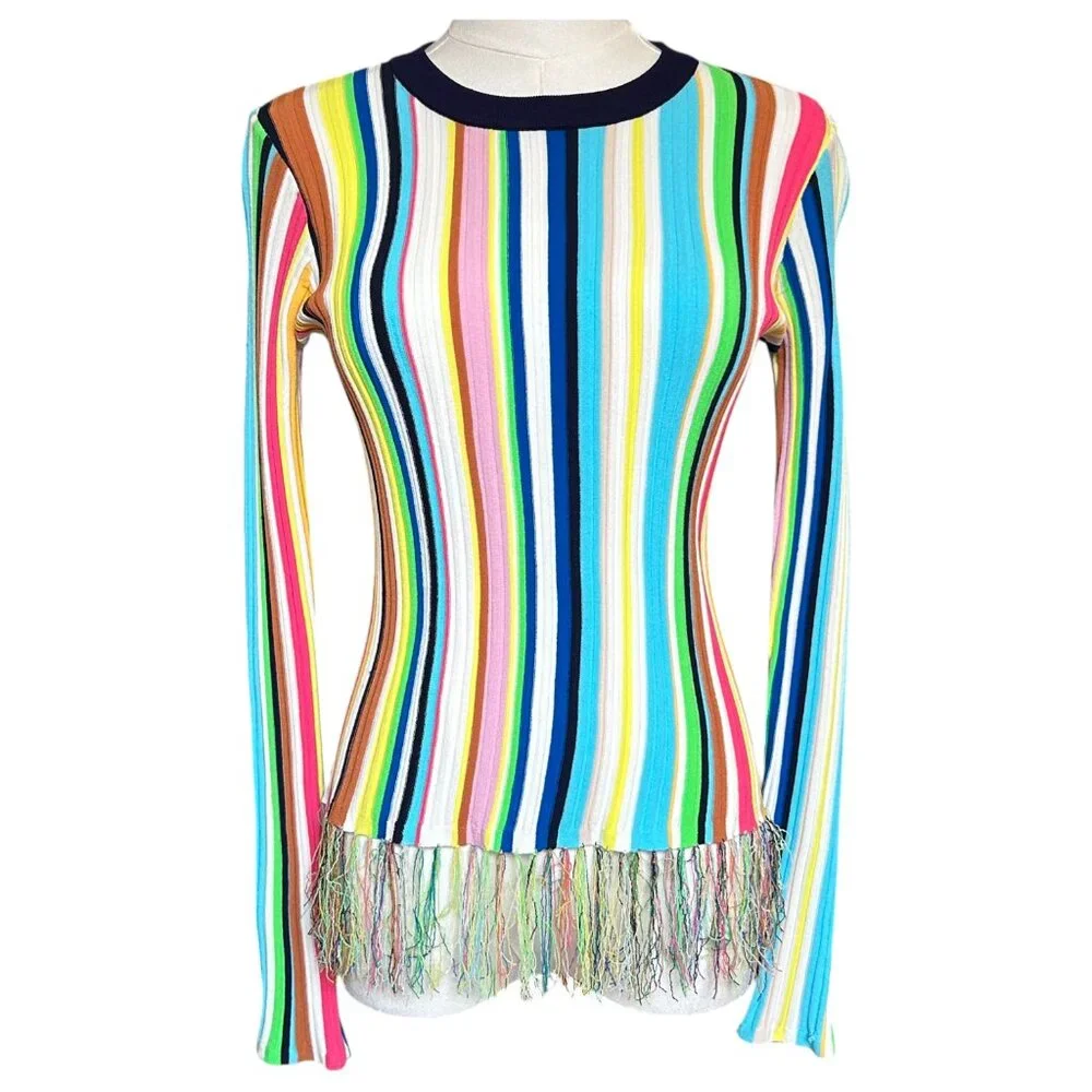 Milly Rainbow Striped Fringe Hem Ribbed Knit Sweater Size S - Picture 2 of 9